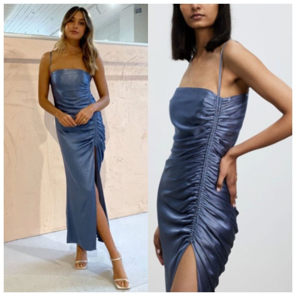 Shona Joy Lily Ruched Midi Dress Satin Bias Slip Blue Smoke Bridesmaid Party 6